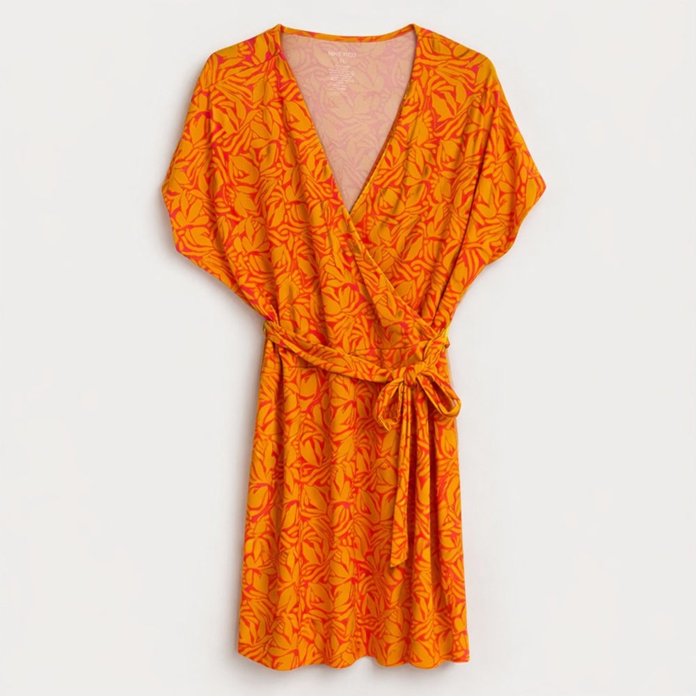 Nine West XL Orange Pink Floral Wrap Dress Belted Short Sleeve Stretch‎
